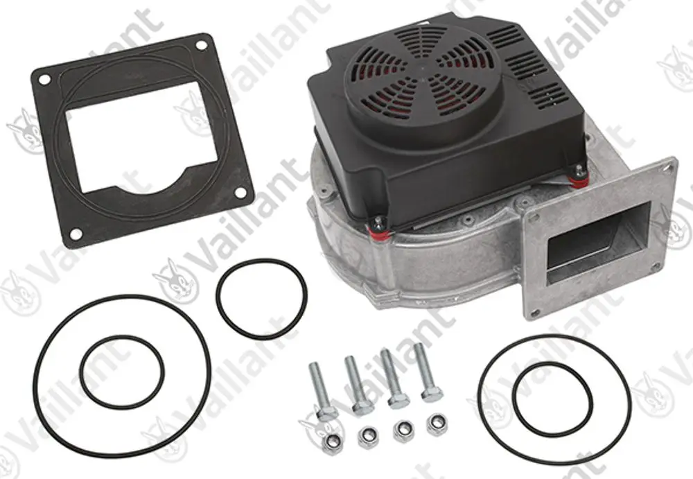 Vaillant-Gebläse in grauem Gehäuse mit schwarzem Motor, vier Schrauben und Dichtungen auf hellem Hintergrund.